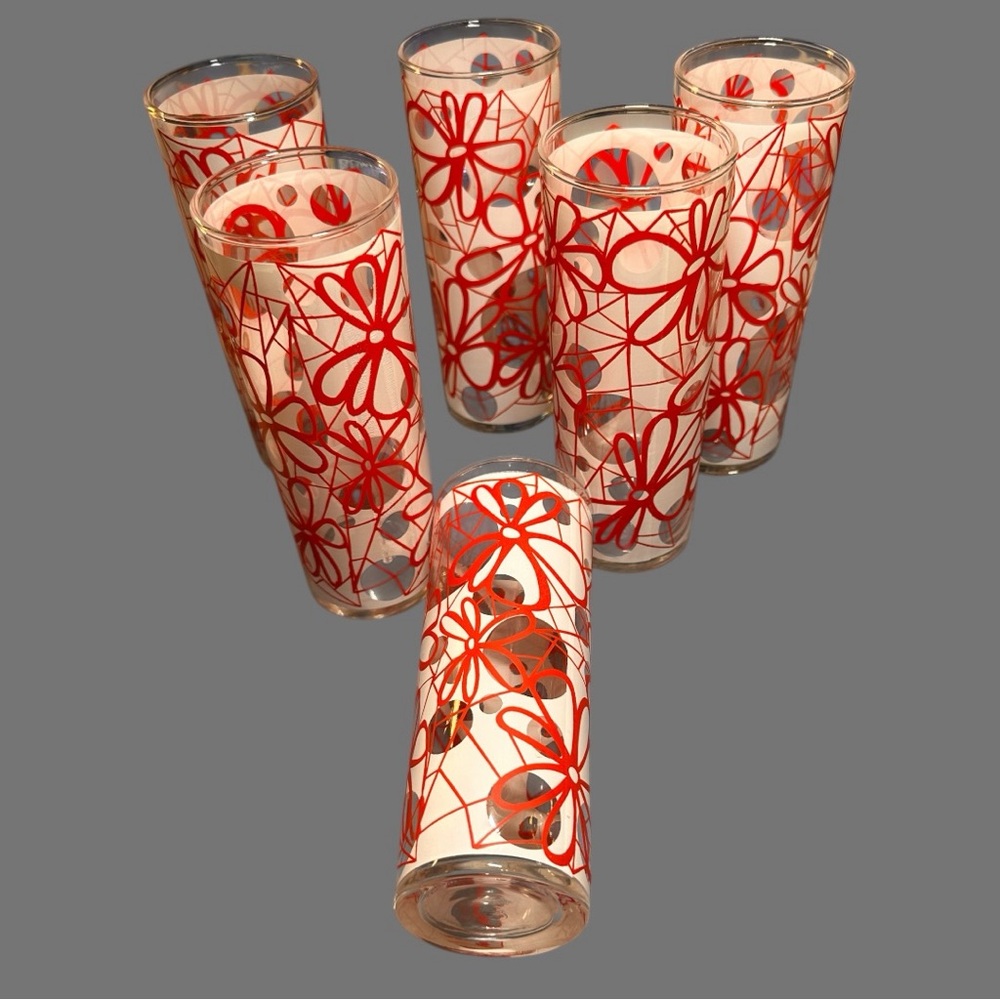 Set of 6 Vintage Dominion 10 ounce Floral Red and White High Ball Glasses (EUC) - Picture 4 of 10
